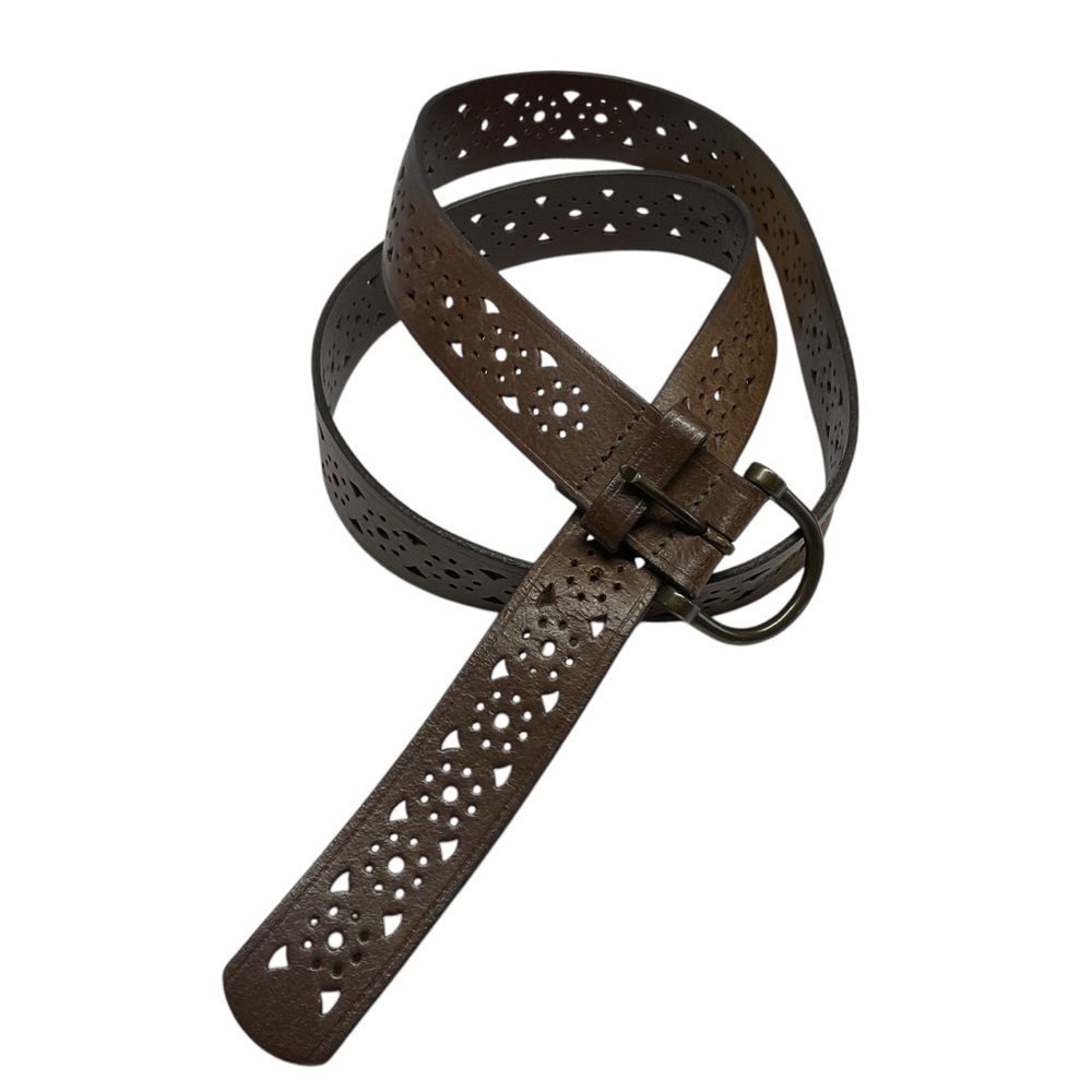 Brown Geniune Leather Cut Out Detail Brass Buckle Belt Size XXL